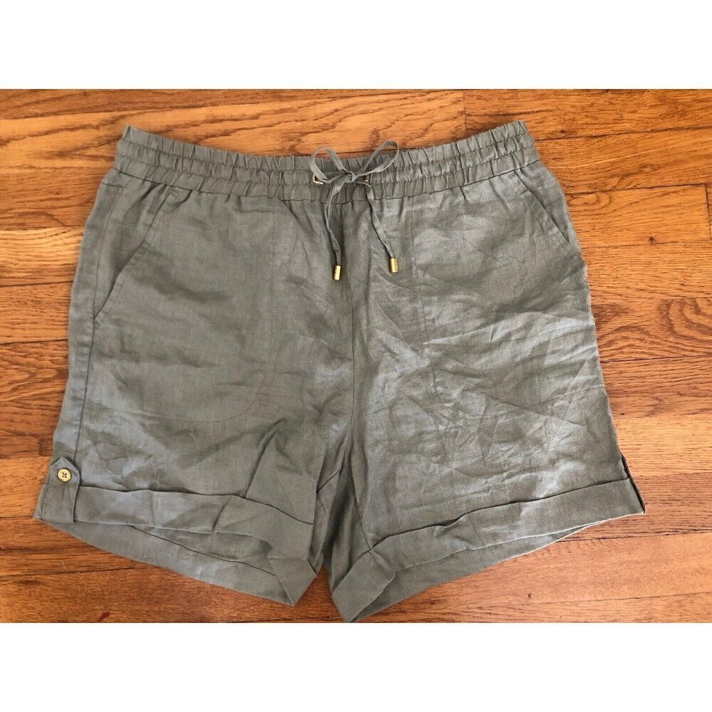 Ellen Tracy Size Medium Linen Shorts Green Cuffed Elastic Drawstring Waist